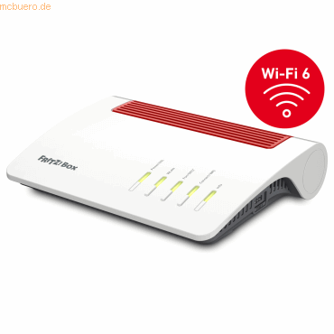 White wireless router with a sleek design, red accents on top, four LED indicator lights, and ports for Gigabit Ethernet, labeled as Wi-Fi 6 compatible.