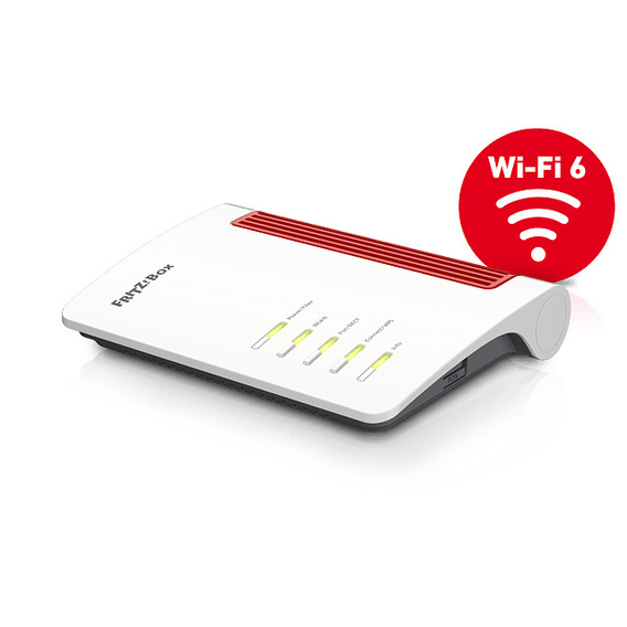White wireless router with a sleek design, featuring a red vent on top, LED indicators on the front, and marked with a Wi-Fi 6 logo.