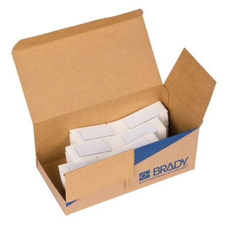 Brown cardboard box with a blue and white logo, containing multiple white label sheets designed for use with BRADY M610, M611, and M710 label printers.