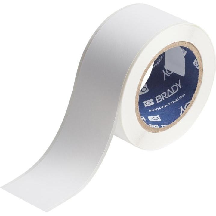 White continuous label tape roll by Brady, measuring 5.08 cm in width, featuring a smooth paper material and a blue inner core with the Brady logo.