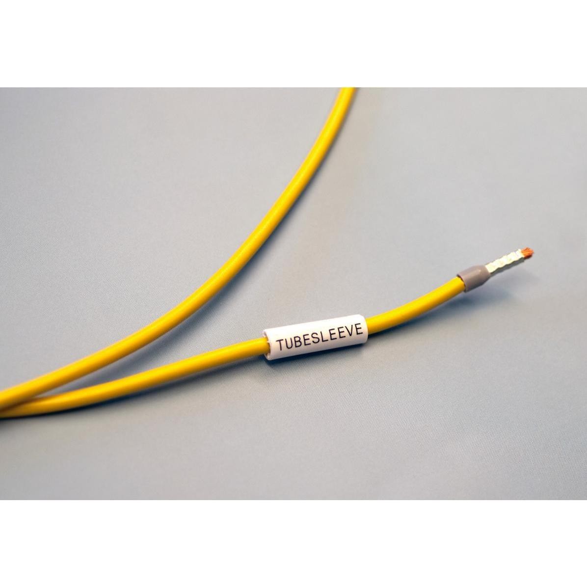 Yellow PVC tubesleeve labeled "TUBESLEEVE," designed for cables with a diameter of 1-4 mm, featuring a clean, smooth finish and a length suitable for various applications.