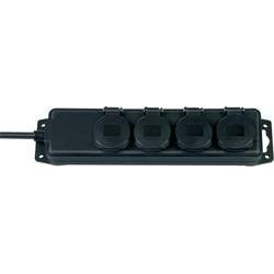 Black power strip with four socket outlets, each covered with a protective flap, featuring a sturdy design and a long power cord for versatile use.