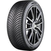 Bridgestone Turanza All Season tire with V-shaped tread pattern, 215/45 R16 size, black rubber with silver rim.