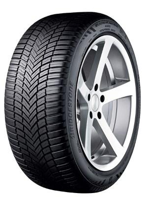 Black all-season passenger car tyre with a tread pattern designed for wet and dry conditions, featuring a silver alloy wheel. The sidewall displays the Bridgestone logo and tyre specifications.