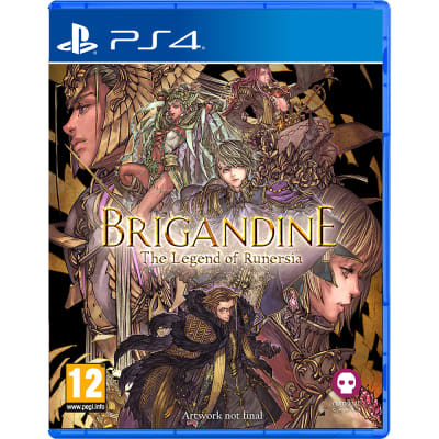 Brigandine: The Legend of Runersia for PS4 features a vibrant cover with intricate character illustrations against a gold and black background, showcasing fantasy elements and detailed artwork.