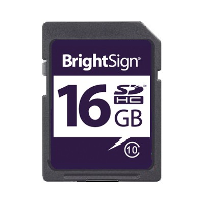 BrightSign 16GB SDHC Class 10 MLC memory card featuring a black casing with a prominent purple label displaying "BrightSign" and "16GB" in white text.