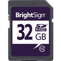 BrightSign 32GB SDHC Class 10 card, black with white and purple label, bold "32 GB" text and Class 10 symbol.