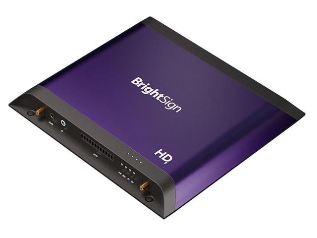 Brightsign HD226 is a sleek, purple media player with a metallic finish, featuring multiple ports, an HDMI output, and a compact design ideal for digital signage applications.