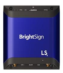 BrightSign LS445 media player in a sleek blue and black design, featuring USB, HDMI, and audio ports, capable of H.265, Full HD, and 4K video playback with HTML5 support.