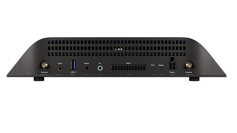 Violet BrightSign XC2055 digital media player with 8K Ultra HD resolution, featuring multiple ports including USB, audio, and GPIO on a sleek, curved black casing.