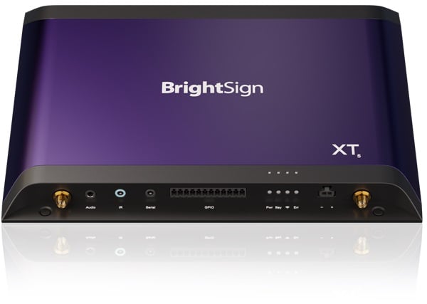 BrightSign XT2145 digital signage player features a sleek purple exterior, multiple input/output ports, and a modern design, ideal for 8K UHD content delivery.