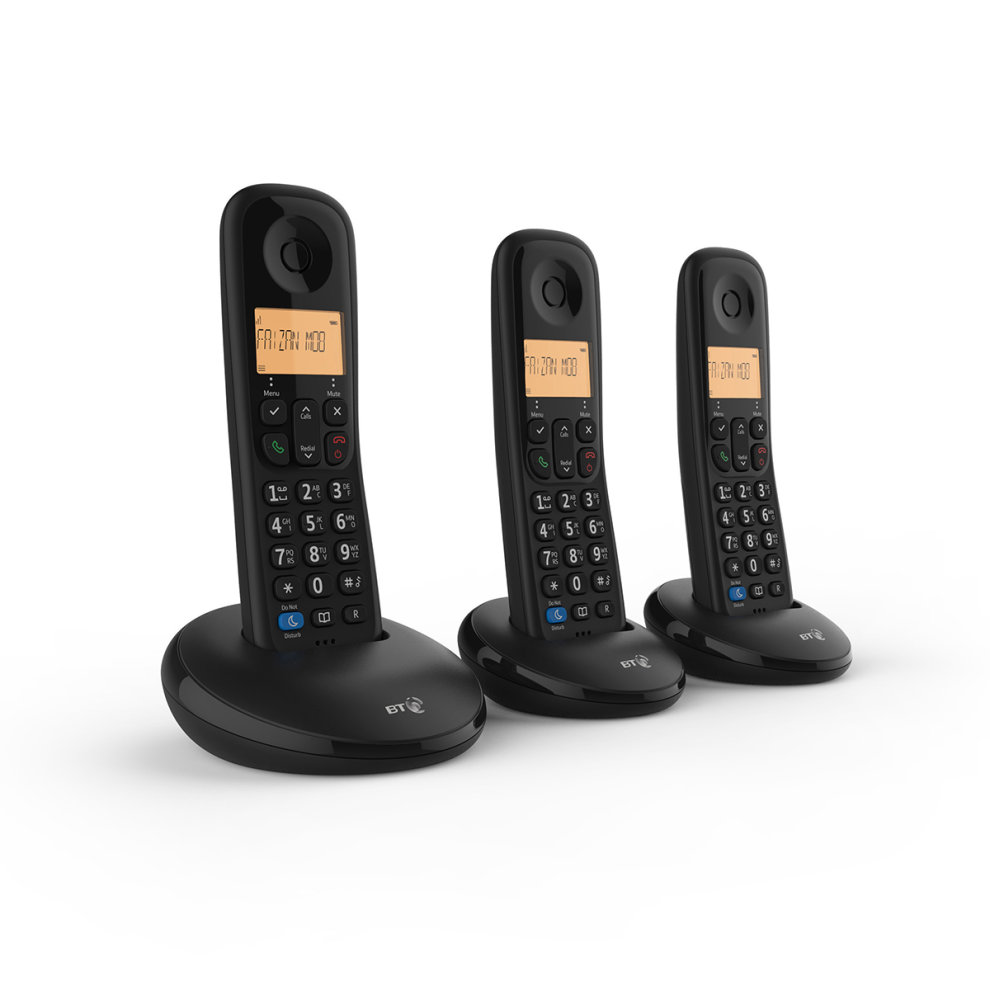 Three black DECT phones with illuminated displays and large buttons, each resting on a sleek, curved charging base, featuring call blocking functionality.