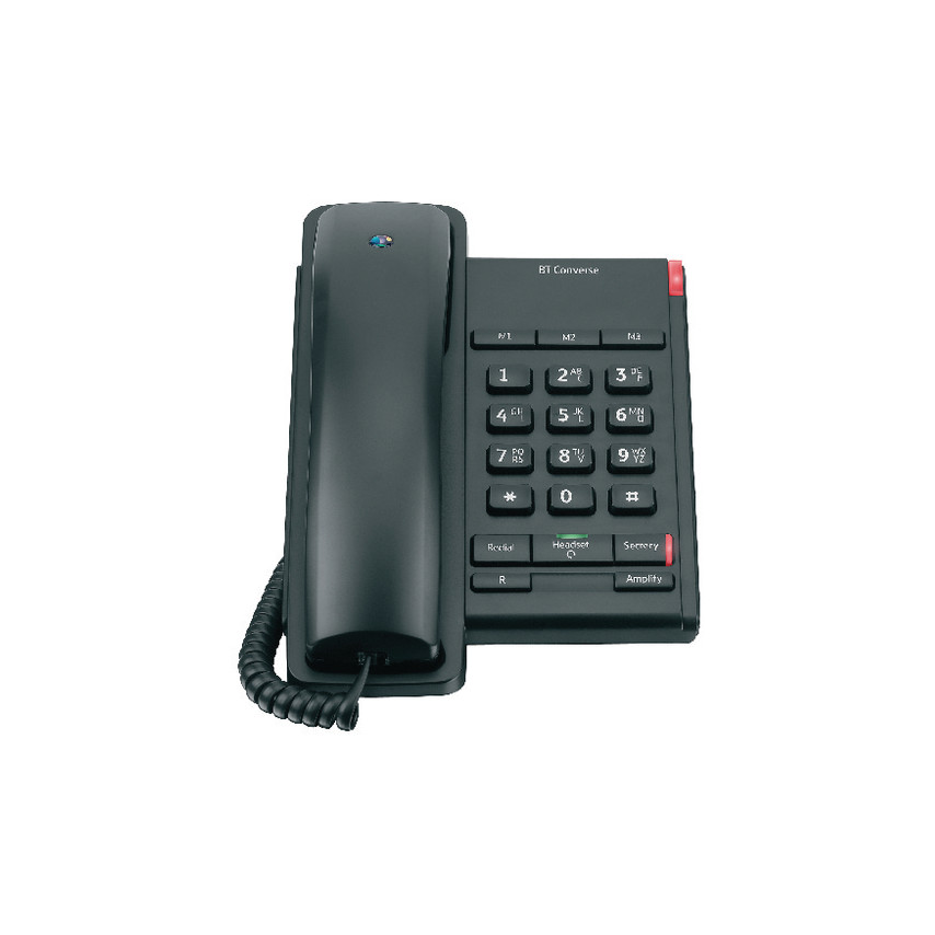 Black BT Converse 2100 office phone featuring a numeric keypad, a coiled handset cord, and red function buttons for hold and speakerphone.