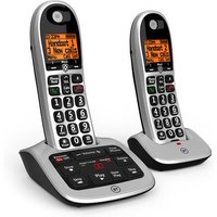 Black BT4600 DECT telephone with large buttons, orange caller ID screen, and base station with keypad.