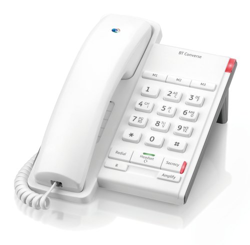 White BT Converse 2100 office phone featuring a numeric keypad, a red button for secrecy, and a coiled cord, designed for easy use and accessibility.