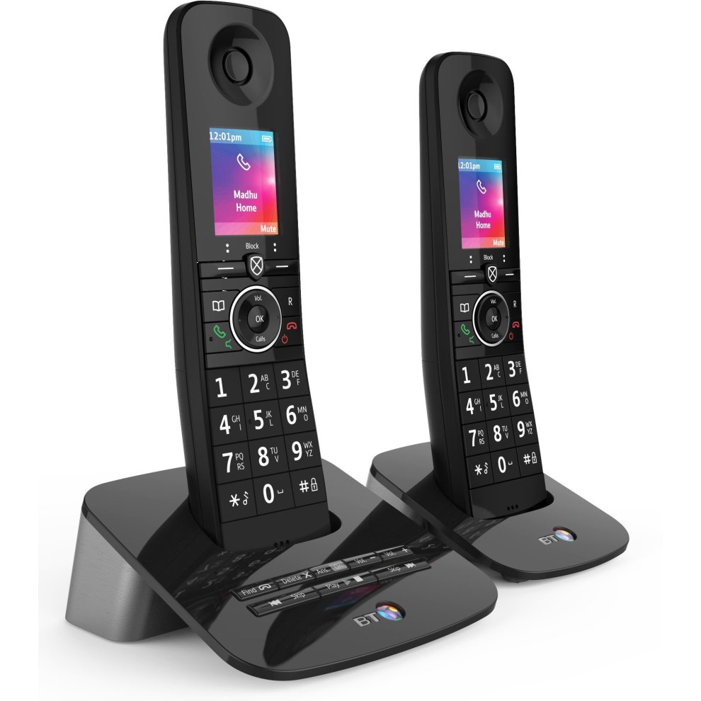 Two sleek black BT Premium DECT telephones with illuminated color displays, large numeric keypads, and a stylish charging base, featuring a modern design and user-friendly interface.