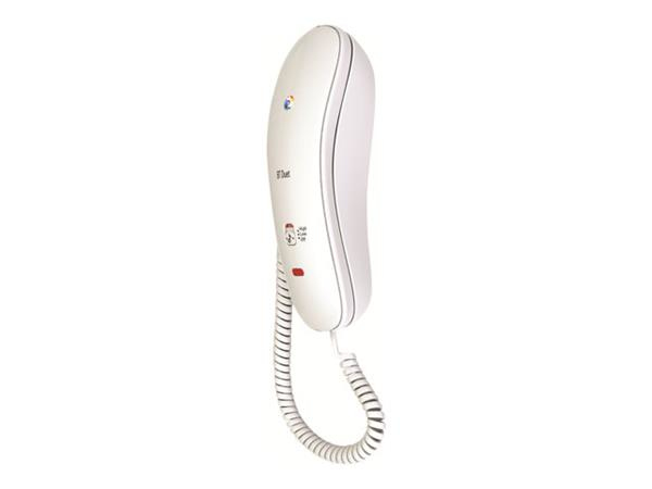 White analog telephone with a sleek, curved design, featuring a coiled cord, a red button, and a logo on the top, ideal for basic calling needs.