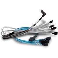 Black and blue Broadcom SAS cable, 1m length, with multiple connectors and clear protective sleeves.