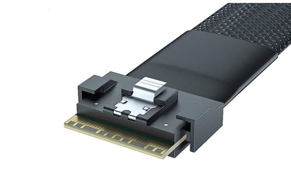 Broadcom BCM Cable X8 8654 to 8x1 SATA 1M, featuring a sleek black design with a sturdy connector and a protective mesh covering for durability.