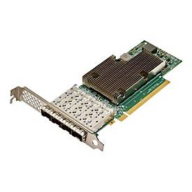Broadcom BCM957504-P425G network card with a green circuit board, aluminum heat sink, and a metal bracket featuring multiple fiber ports for 25000 Mbit/s connectivity.