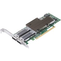 Broadcom BCM957508-P2100G network card, green circuit board with silver heat sink and dual fiber ports.