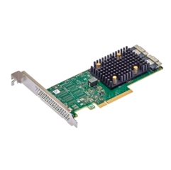 Broadcom HBA 9500-16i internal interface card featuring a green circuit board, black heatsink, multiple SAS/SATA ports, and a low-profile bracket design.