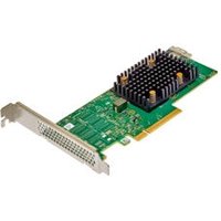 Green Broadcom HBA 9500-8i adapter with black heatsink and gold connectors for SAS, SATA interfaces.