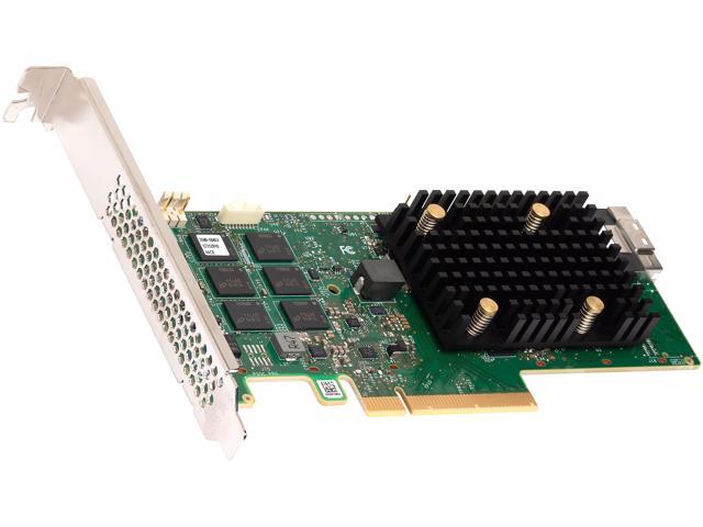 Broadcom MegaRAID 9560-8i RAID controller with a green circuit board, black heatsink, PCI Express X8 interface, and multiple chipsets for 12 Gbit/s data transfer.