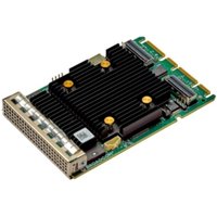 Broadcom MegaRAID 9562-16i adapter with green circuit board, black heat sink, and multiple SFF-8654 connectors.