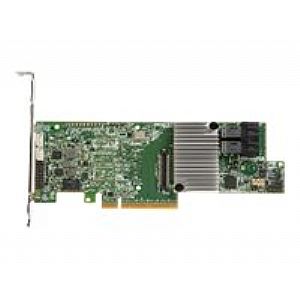 Broadcom MegaRAID SAS 9361-8i RAID controller features a green circuit board with a large heatsink, multiple connectors, and a PCI Express x8 interface for high-speed data transfer.