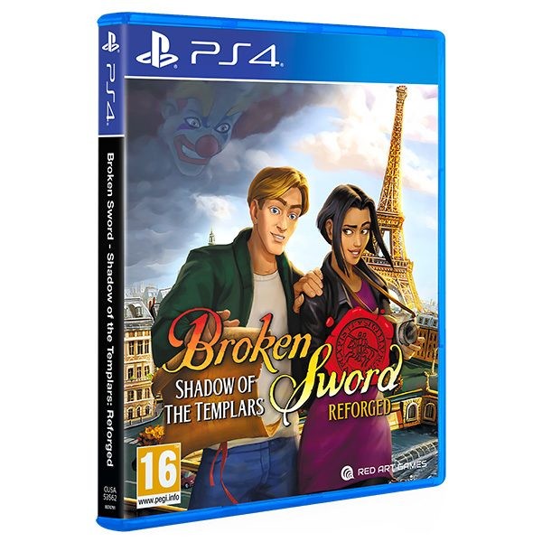 Cover art features two characters, a man and a woman, with the Eiffel Tower in the background; vibrant colors and a red logo highlight the title "Broken Sword - Shadow of the Templars: Reforged."