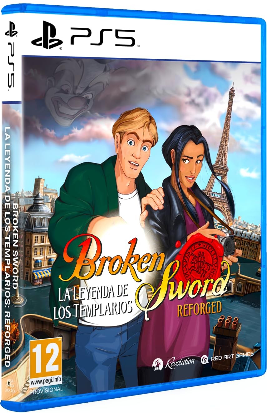 Cover art for "Broken Sword: Shadow of the Templars Reforged" on PS5 features two characters in front of a Parisian backdrop, with vibrant colors and the Eiffel Tower visible.