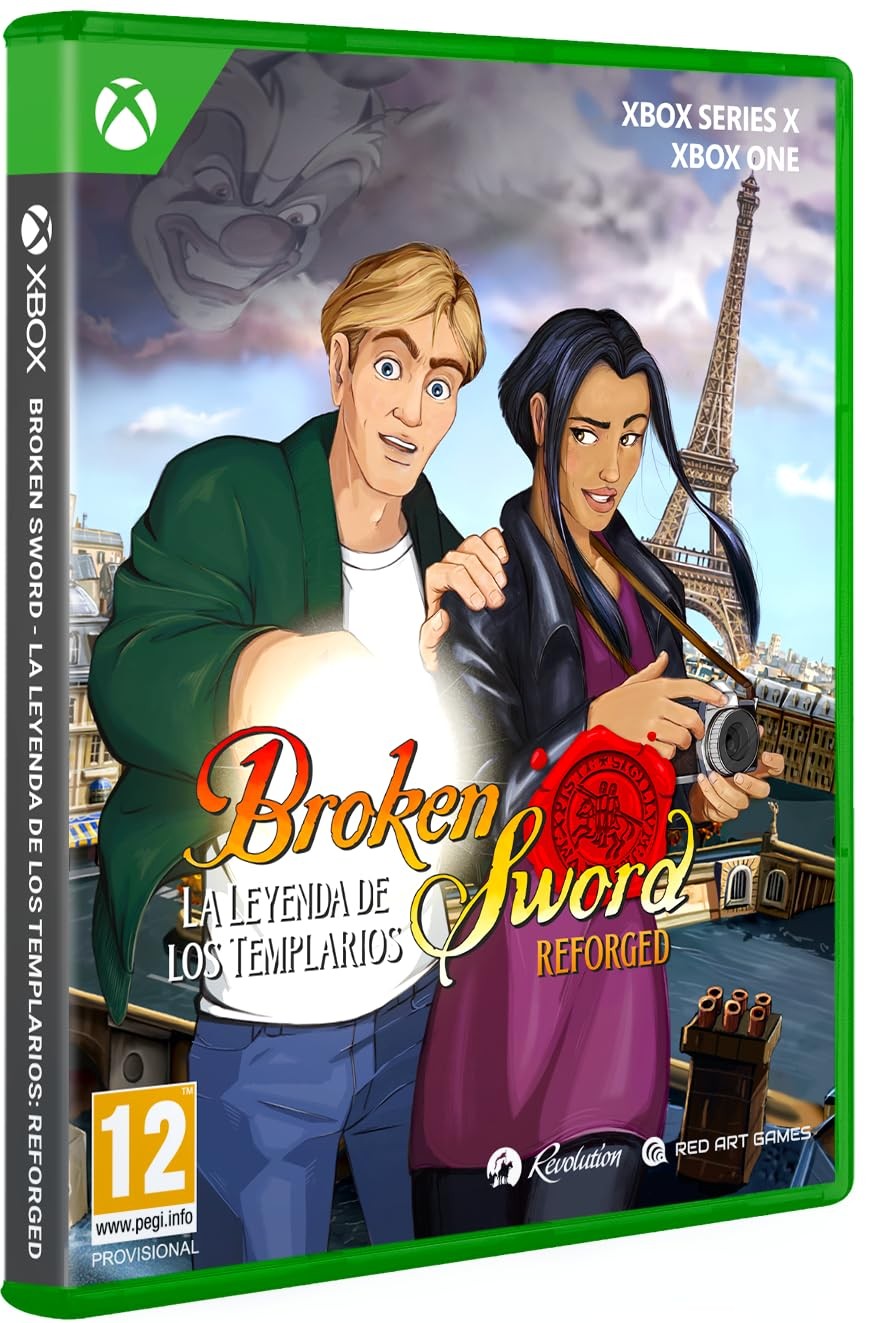 Cover art featuring two characters, a man and a woman, in front of the Eiffel Tower, with vibrant colors and a green Xbox Series X case, titled "Broken Sword - Shadow of the Templars: Reforged."