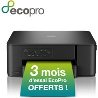 Black Brother 3-in-1 compact wireless inkjet printer with control panel and green paper displaying promotional text.