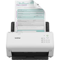 Black and white Brother ADS-4300N ADF scanner with control buttons, scanning a document, compact design.