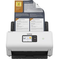 Black and white Brother ADS-4500W scanner with ADF, 600 x 600 DPI, touchscreen, and document feeder.