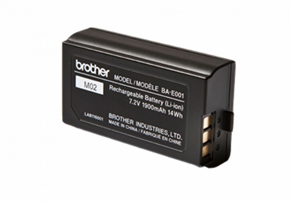 Black rechargeable Li-ion battery with model number BAE001, featuring a compact design, labeled specifications, and three metal contact points on one side.