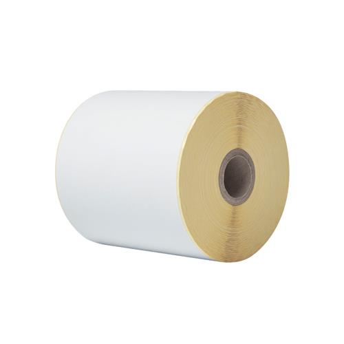 White label roll measuring 102mm x 56.4m with a smooth finish, featuring a cardboard core and a glossy exterior, designed for use with Brother TD printers.