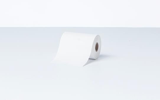 White thermal paper roll measuring 58mm in width and 13.8m in length, featuring a smooth texture and a cardboard core, ideal for printing applications.