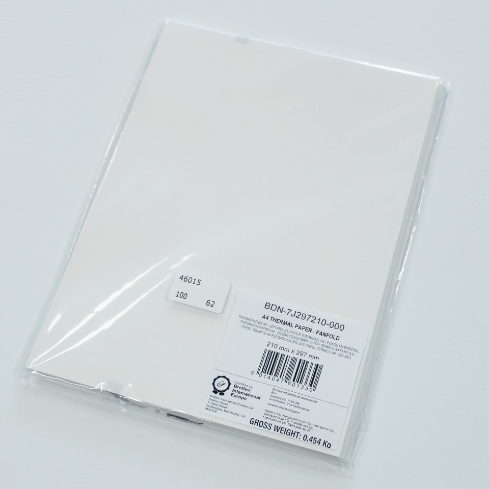 White A4 thermal paper pack containing 100 sheets, sealed in clear plastic with a label displaying product details and weight.