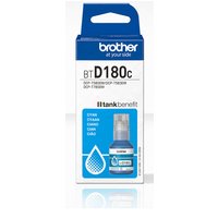 Brother BT-D180C cyan ink bottle, 48.8ml, blue label, for 5K pages, in branded packaging with drop icon.