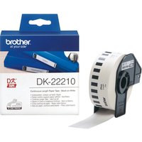 Brother Continuous Paper Tape roll, black on white, with packaging showing label examples and product details.