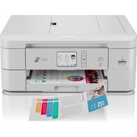 White Brother DCP-J1800DW inkjet printer with LCD screen, paper tray open, printing colorful document.