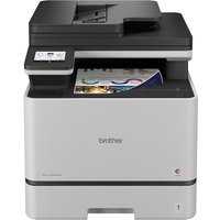 Brother DCP-L8630CDW multifunction printer, white and black, with touchscreen, paper tray, and output slot.