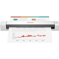 Black and white Brother DS-640 handheld scanner with paper inserted, compact design, 1200 x 1200 DPI, A4 size.