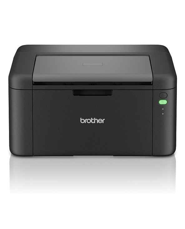 Compact black Brother HL-L1242W printer with a sleek design, featuring a top loading paper tray, green power button, and Wi-Fi capability for wireless printing.