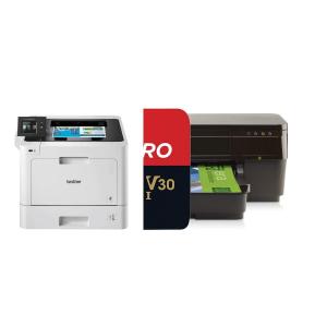 Brother HLL8360CDW color printer in white with a control panel, featuring a display screen and multiple buttons, alongside a black printer with a paper tray.
