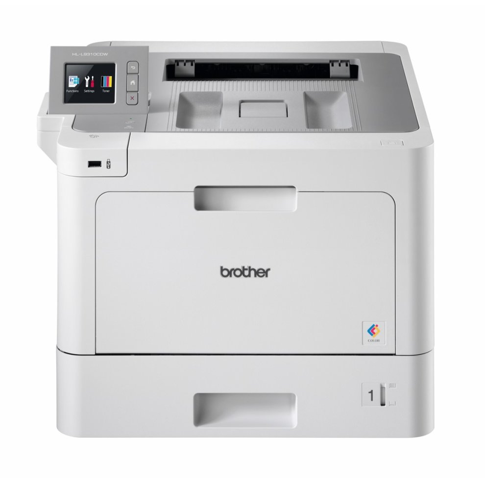White Brother HL-L9310CDW A4 colour laser printer featuring a control panel with a display, multiple paper trays, and a sleek, modern design.