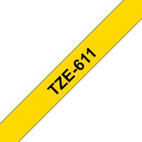 Yellow Brother Laminated tape 6mm with black text "TZE-611" diagonally across.