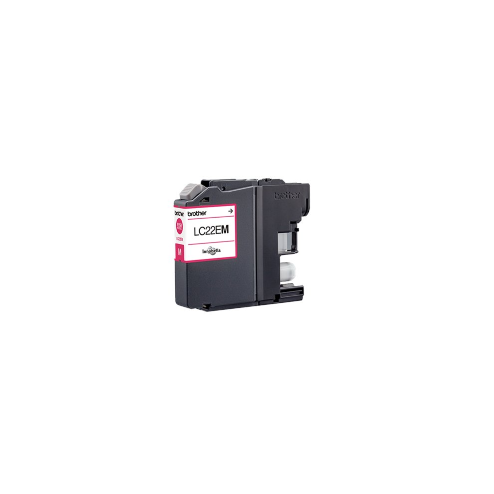 Brother LC22EM magenta inkjet cartridge, featuring a black plastic casing with a white and pink label, designed for high-quality printing.